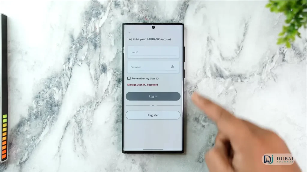 RAKBANK mobile app login screen