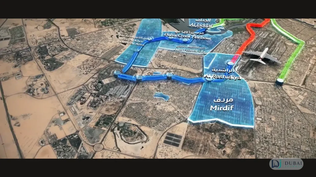 3D aerial render of the Dubai Metro Blue Line route map showing stations including Al Jaddaf, Dubai Creek Harbour, Al Rashidiya and Mirdif