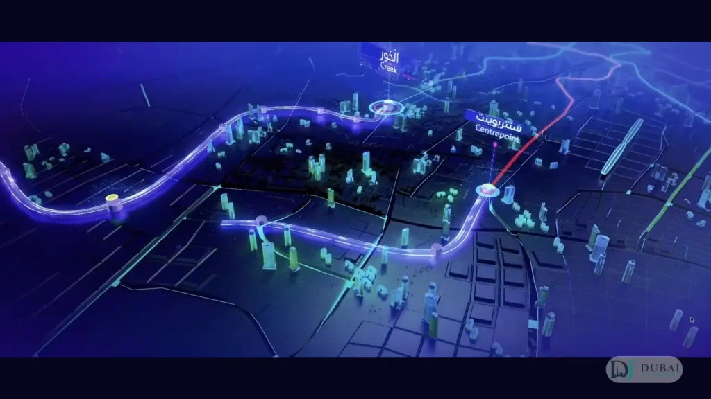 3D map highlighting the Centrepoint interchange where the Dubai Metro Blue Line meets the Red Line