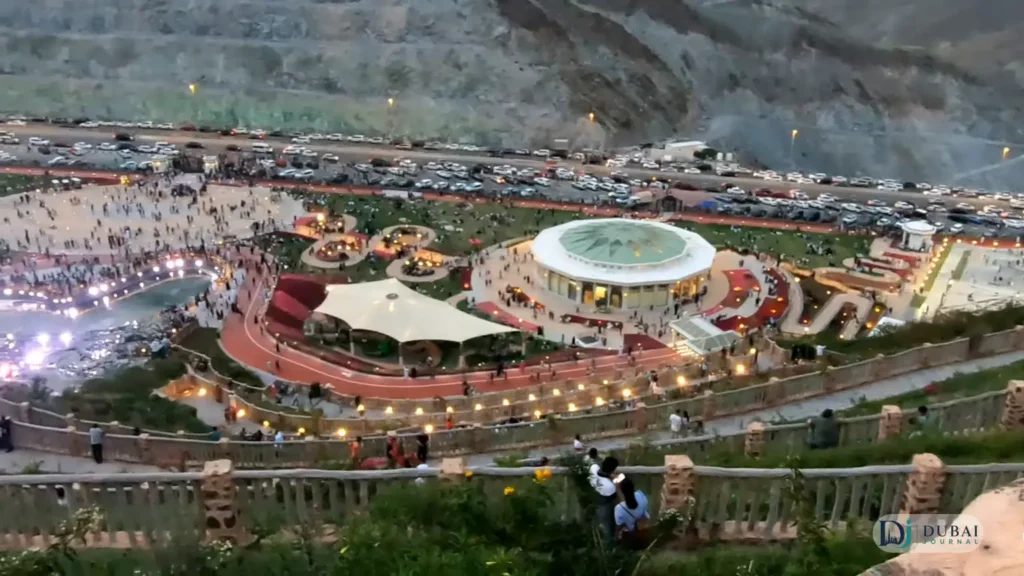 Aerial dusk view of the terraced Hanging Gardens in Kalba