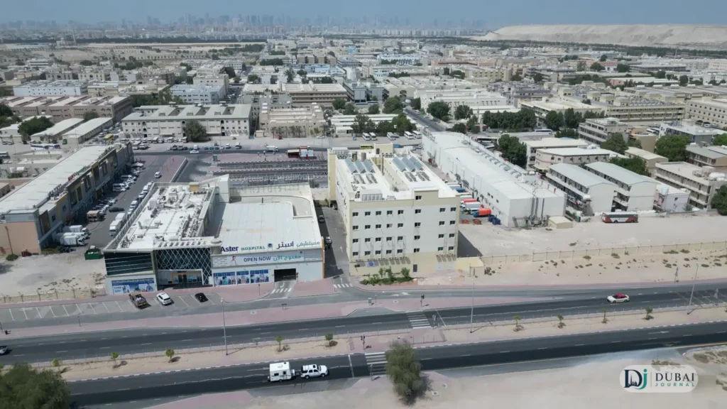 Aerial view of Sonapur labour camp accommodation blocks in Dubai