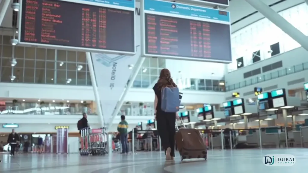 Airport departures hall with flight information boards