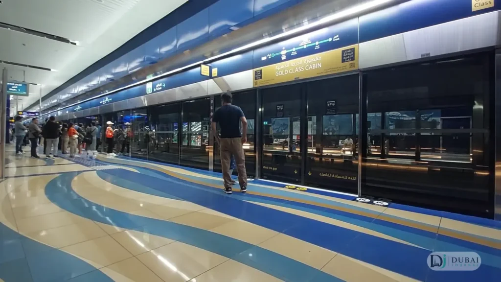 BurJuman metro station platform with Gold Class cabin signage