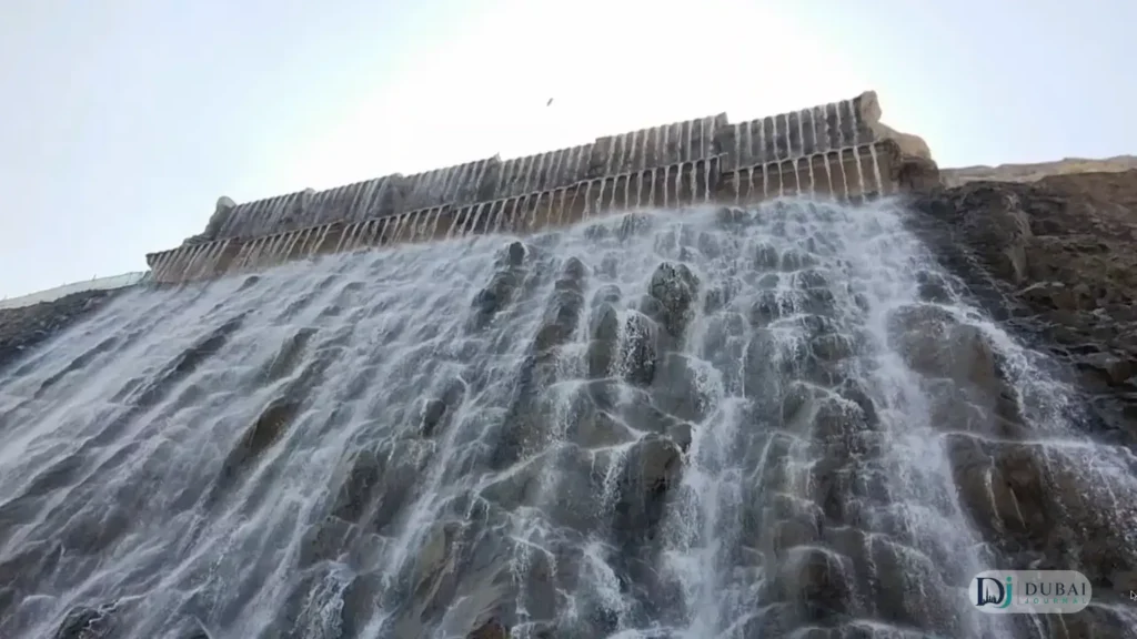 Close-up of the Khorfakkan waterfall cascading down the rock face