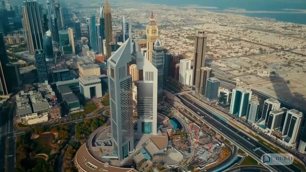 Dubai skyline with Emirates Towers along Sheikh Zayed Road