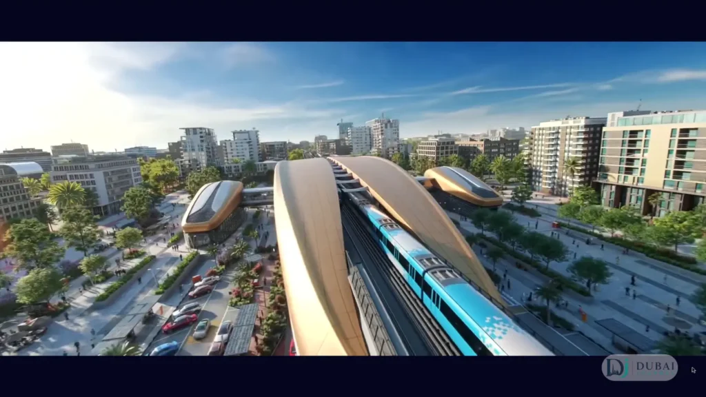 Render of a golden copper-roofed landmark station on the Dubai Metro Blue Line with a train arriving