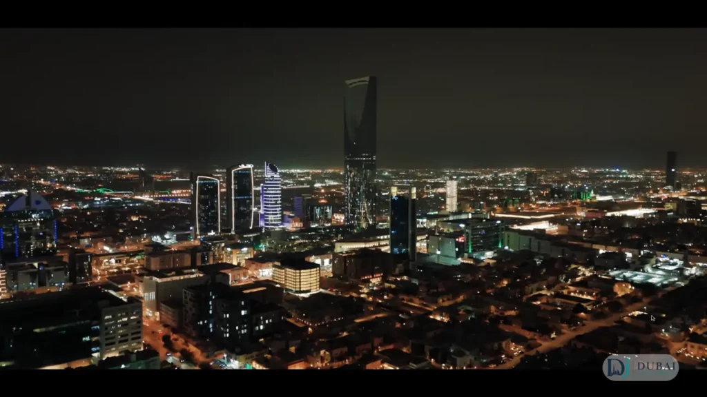 Riyadh skyline at night with Kingdom Centre tower