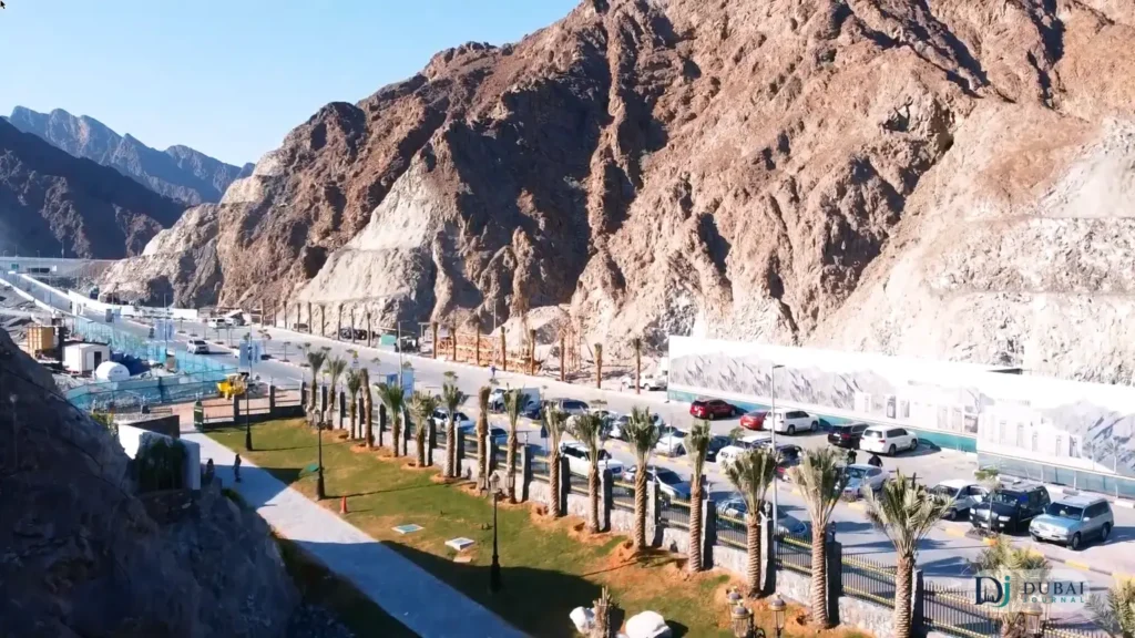 Shees Park palm walkway with Hajar mountains