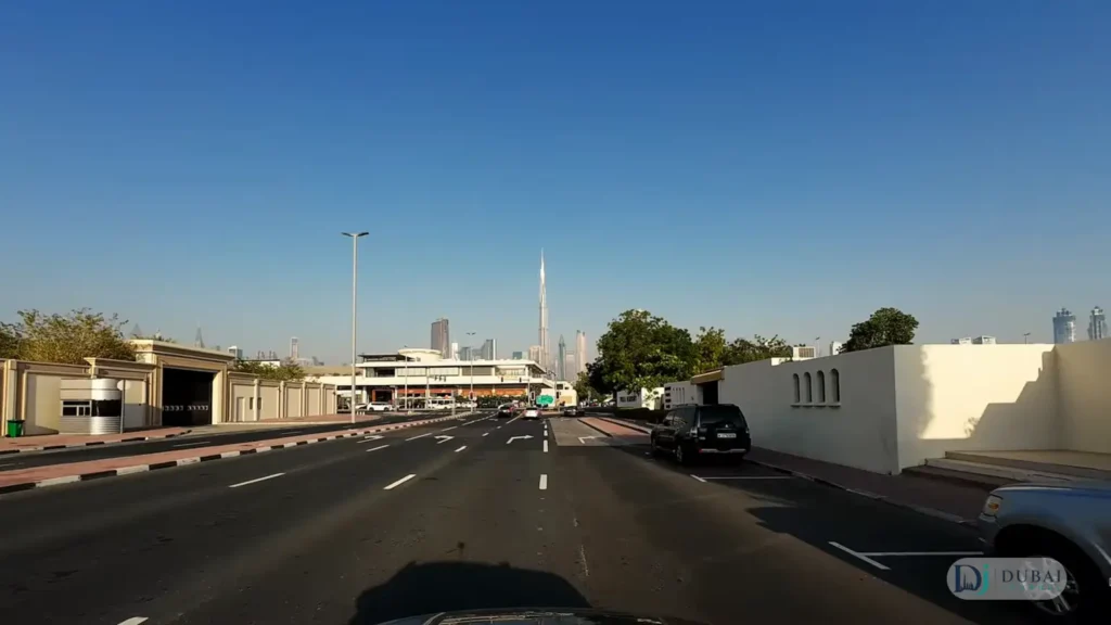 Street view of the Burj Khalifa while driving in Dubai