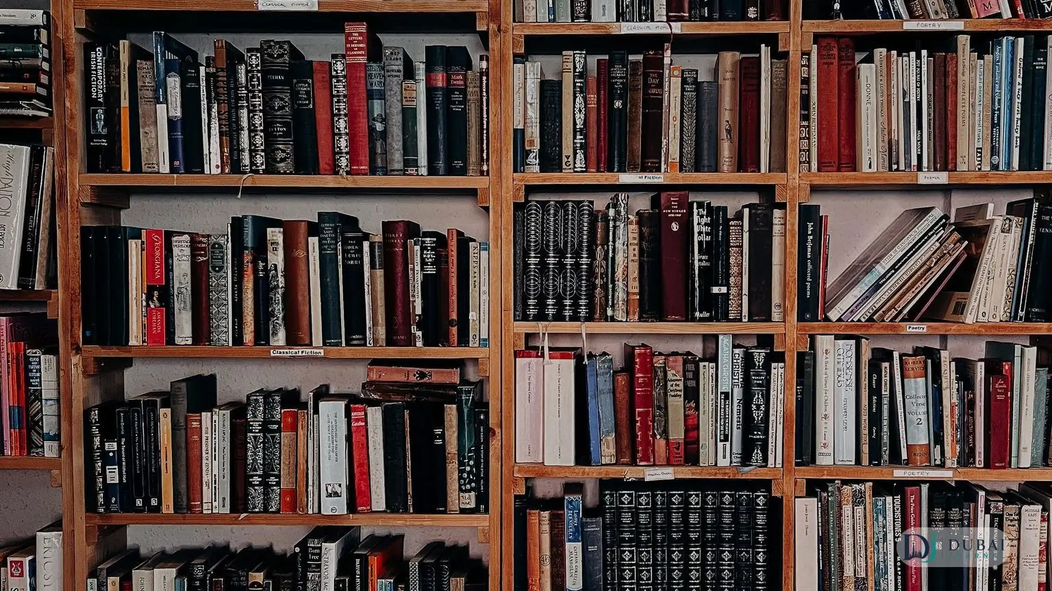 Tall wooden bookshelves