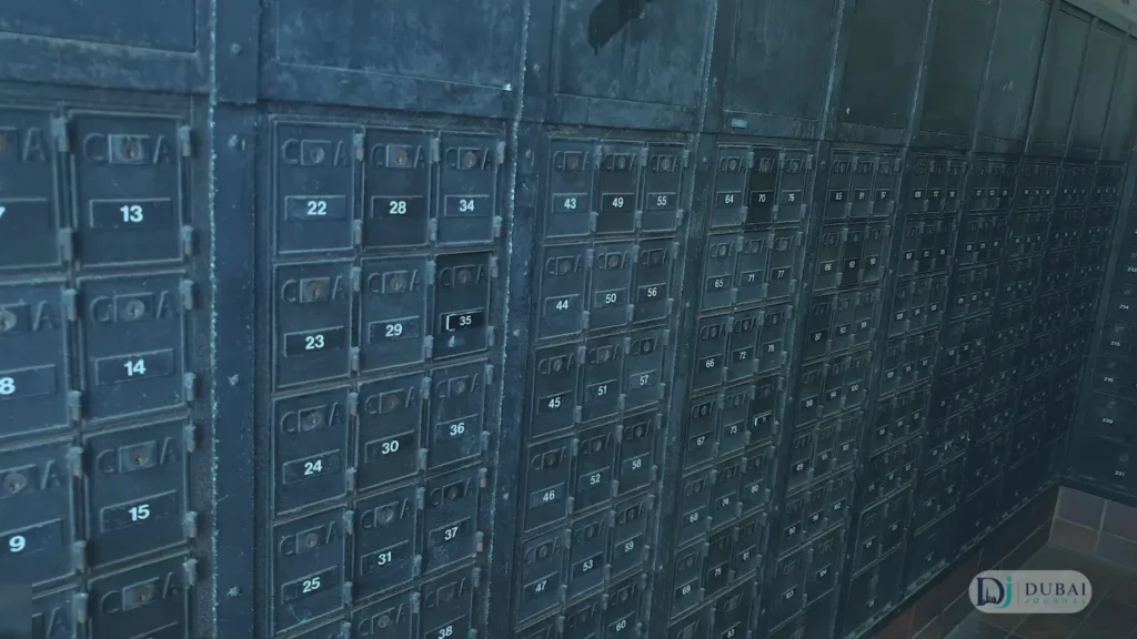 Wall of numbered PO Box compartments at a post office
