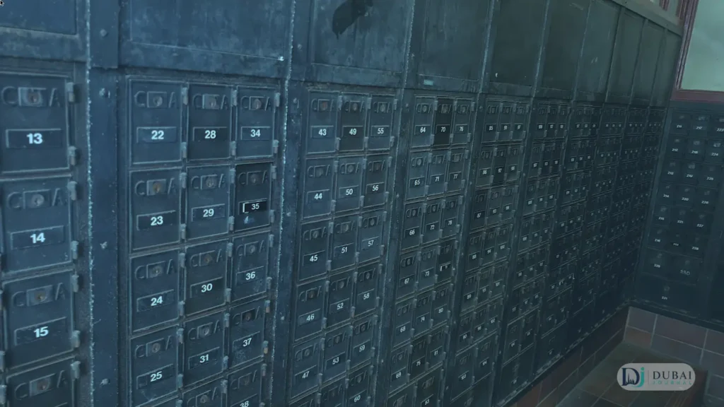 Wall of numbered post office boxes